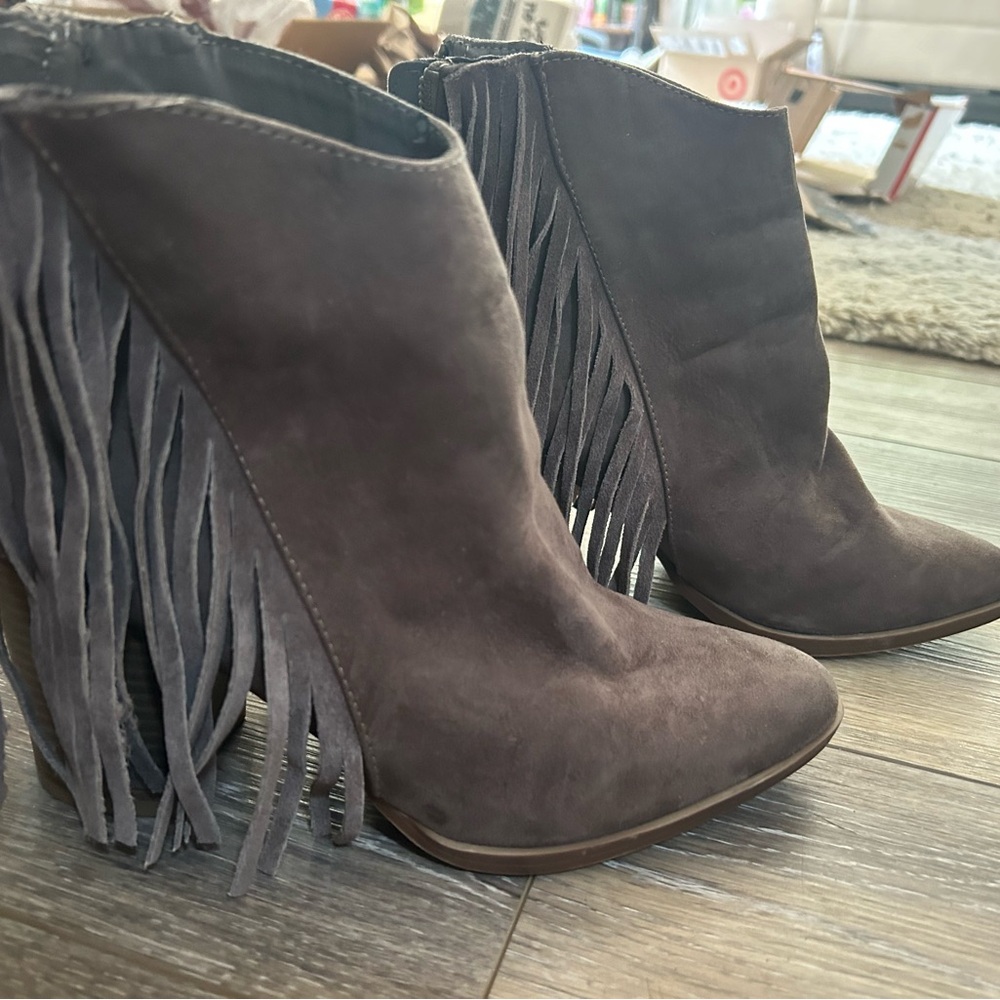 Madden Girl Fringe Heeled Booties Faux Suede Grey Taupe 7.5